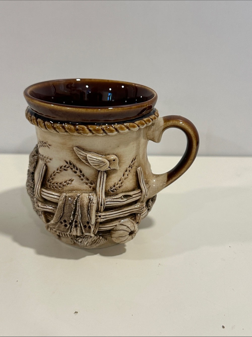 Decorative Brown Ceramic Bird Relief Mug - Home Art